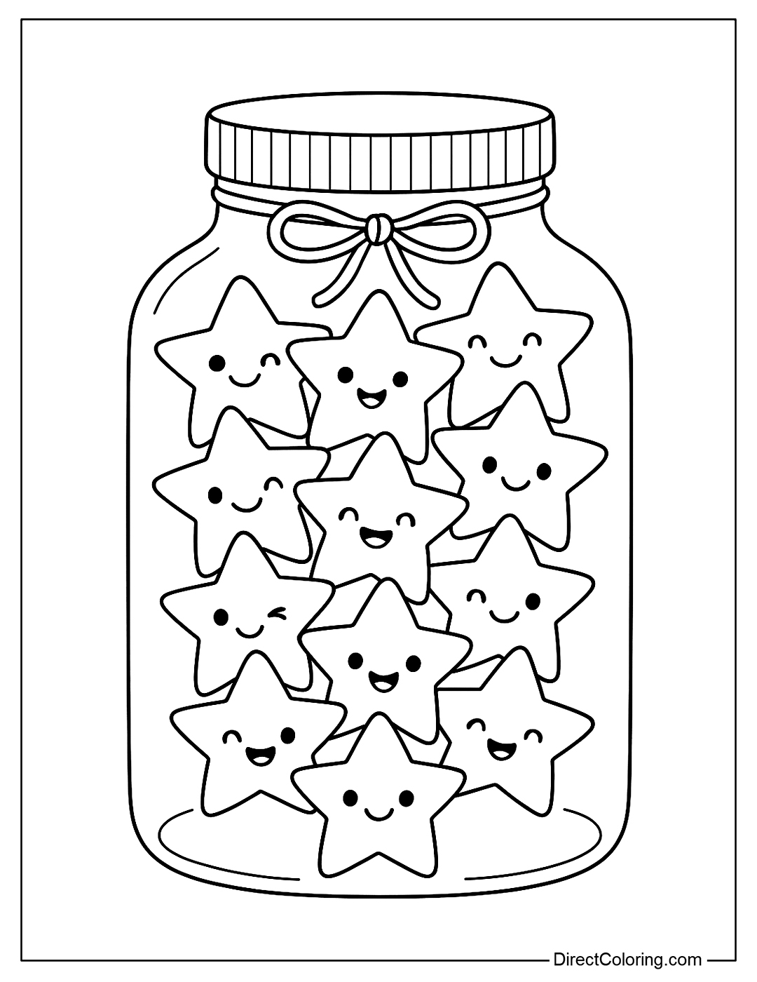 a Coloring Page A glass jar filled with tiny stars, each with a different, fun face